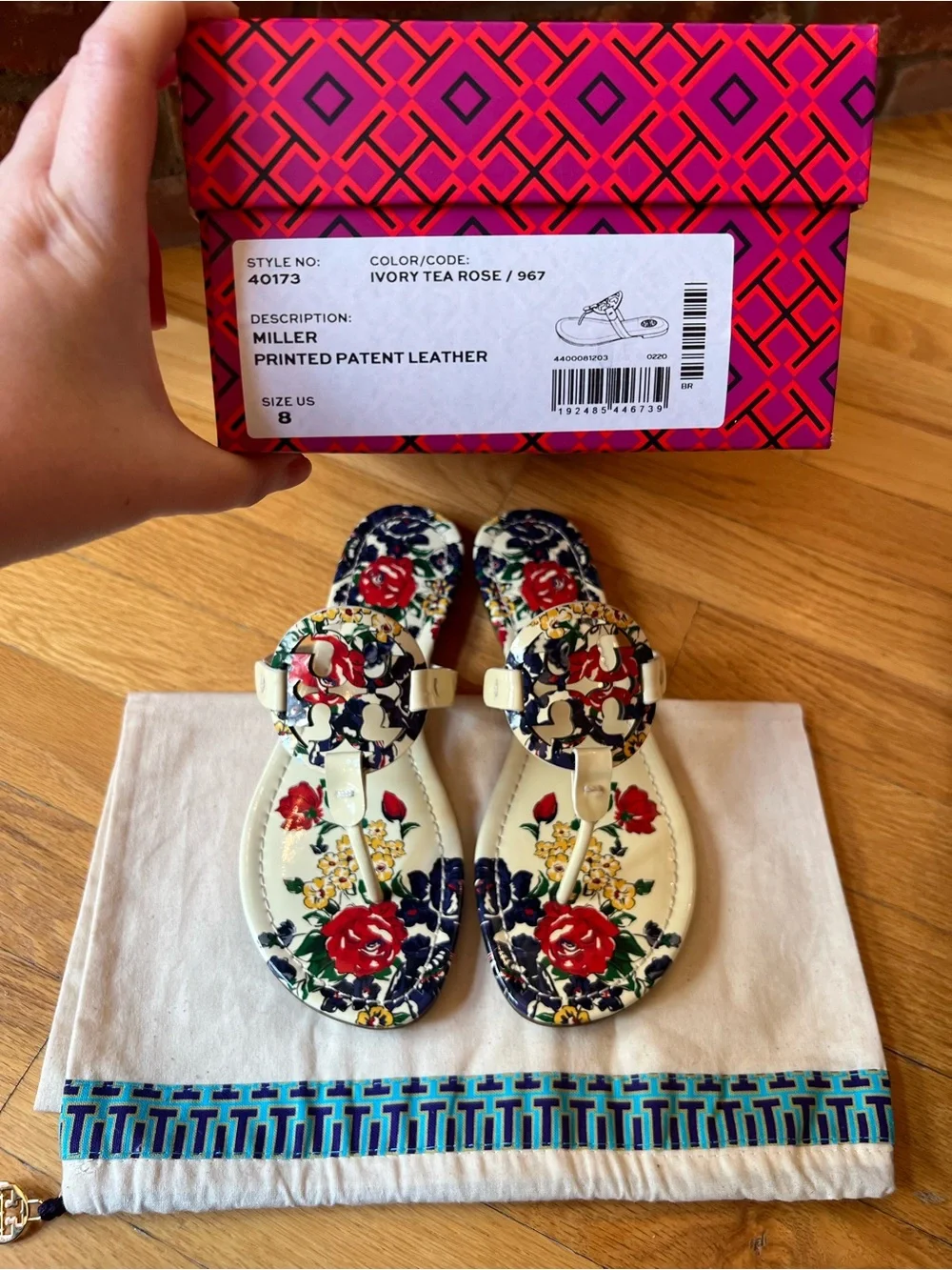 Tory Burch Ivory Tea Rose Floral Printed Patent Leather Miller Sandals